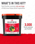 ReadyWise Emergency Food Supply - 120 Servings Freeze Dried Vegetables Bucket, Dehydrated Meals, Survival Food Kit for Backpacking, Camping Essentials & Prepping Supplies, up to 25 Year Shelf Life