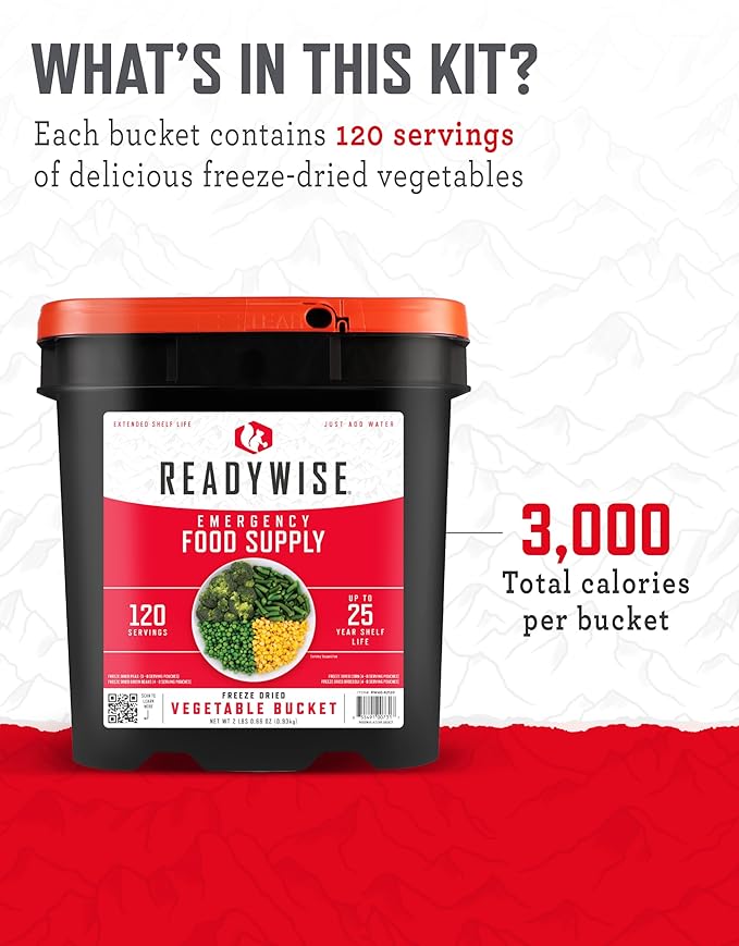 ReadyWise Emergency Food Supply - 120 Servings Freeze Dried Vegetables Bucket, Dehydrated Meals, Survival Food Kit for Backpacking, Camping Essentials & Prepping Supplies, up to 25 Year Shelf Life