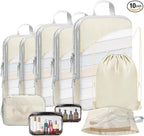 10 Set Compression Packing Cubes, Lightweight Travel Essentials, Stretchable Expandable Storage Bags, Compression Bags for Travel Accessories Luggage Storage Set (10 Pcs, Beige)