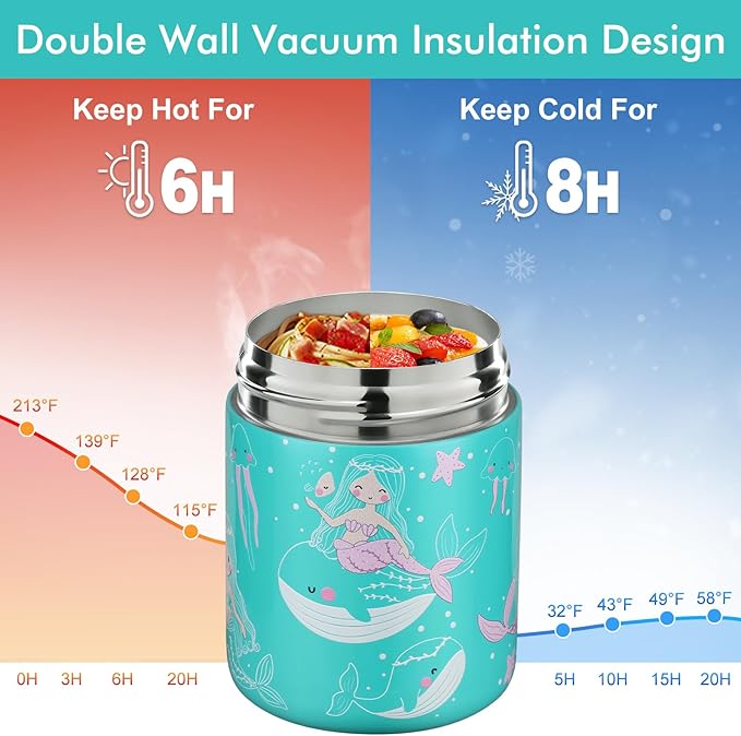 12oz Soup Thermo for Hot Food Kids Insulated Food Jar Wide Mouth Lunch Container Leak Proof Stainless Steel Vacuum Bento Box for School Office Travel Outdoors Green-Mermaid