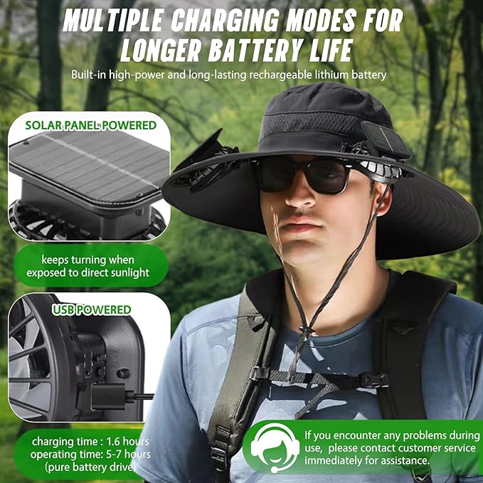 Solar Fan Hat for Men,Wide Brim Sun Hat with 3 Solar Fans,Neck Gaiter and Arm Sleeves,Fishing Hat with Solar Fans Built in,Outdoor Fishing Hiking Gardening Cool Hats Black