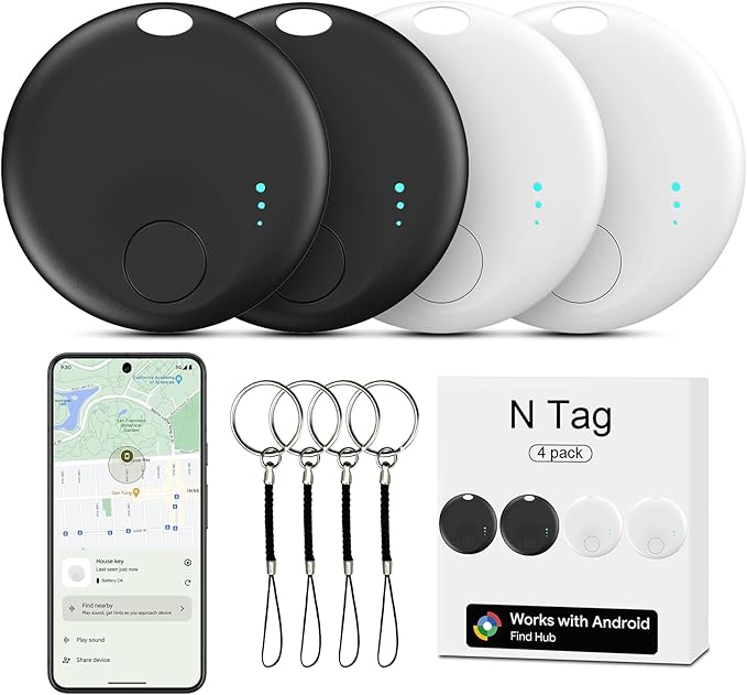 Tracker Tag for Android or iOS, Tracker Tags-4 Pack Smart Tag, Dual System Both iOS and Android Tracker Tags, Apple Find My or Google Find Hub App, Keys Finder Item Locator for Wallets (White&Black)