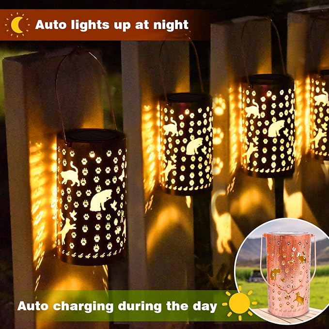 Cat Solar Lanterns Outdoor Waterproof Garden Decor Hanging Solar Lights Cute Cat Gifts for Women Mom Grandma, LED Decorative Light Fairy Garden Accessories,Outdoor Lantern for Patio,Yard,Lawn, Pathway