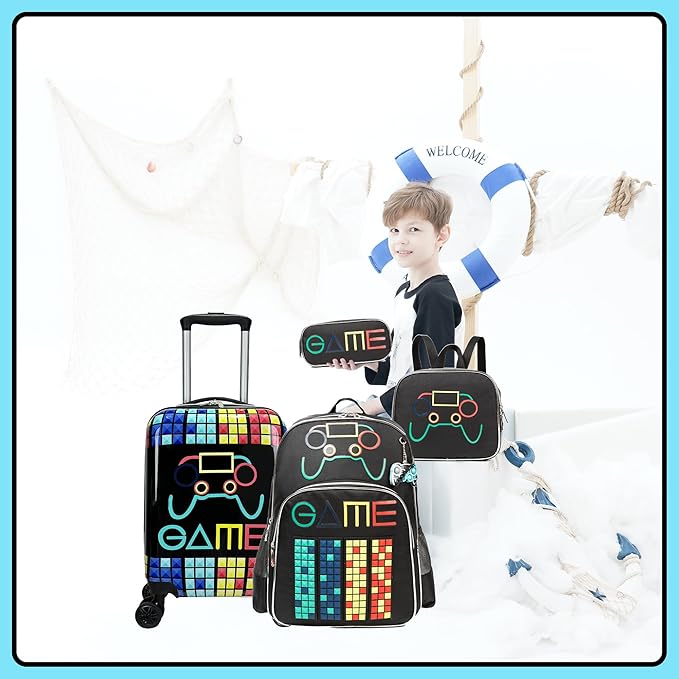 Kid’s Luggage Set 5 Piece Suitcase Set 16’’ Hardside Luggage with Spinner Wheels Girls Boys Carry on Luggage Travel Rolling Luggage Airline Approved
