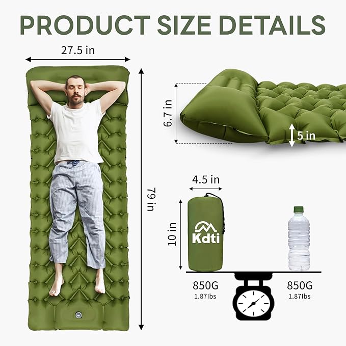 Camping Sleeping Pad with Pillow, Built-in Foot Pump Inflatable Sleeping Pad, Ultralight Air Mattress, Durable Waterproof Camping Pad for for Tent, Backpacking, Hiking