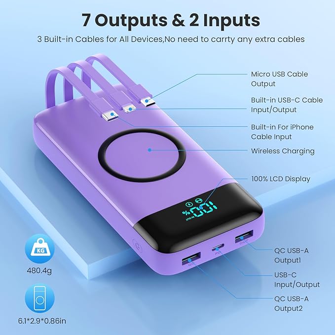 Wireless Portable Charger 40800mAh for iPhone with 3 Built-in Cables,7-in-1 15W Wireless Charging USB C Power Bank,LCD Display 25W PD QC 4.0 Fast Charging Battery Pack for iPhone 16/15/14/13 -Purple