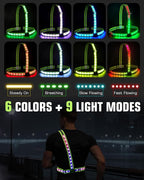 Zacro Reflective Running Vest with 9 RGB Modes, 500LM High Visibility Chest Light for Runners, Rechargeable Light Up Running Gear for Night Safety Cycling Hiking Dog Walking Adjustable for Men Women