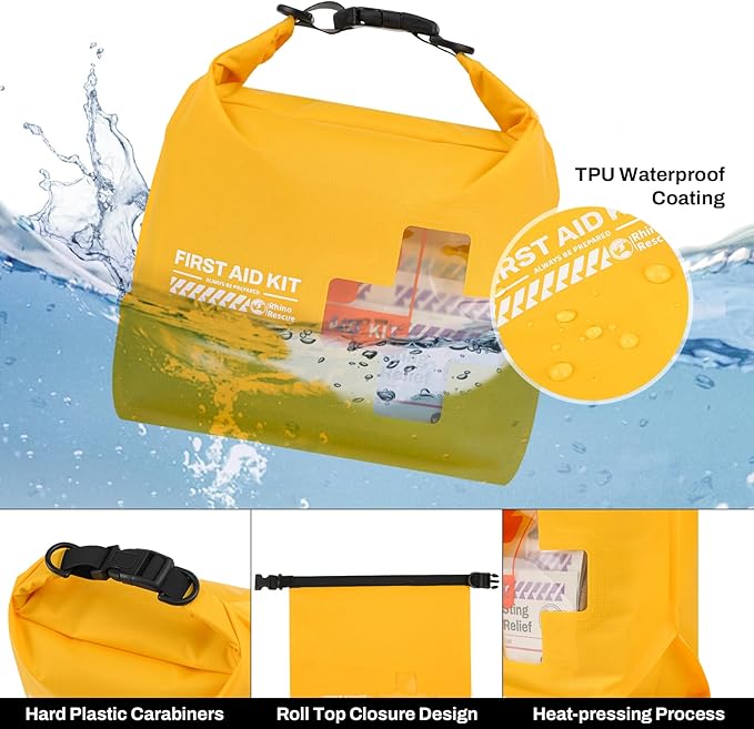 RHINO RESCUE Waterproof Boat First Aid Kit, Lightweight Boat Accessories Dry Bag, Emergency Marine Survival Supplies for Outdoor Kayak, Fishing, Floating, Swimming, Beach & Camping (Yellow)
