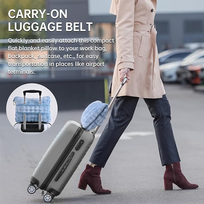 Travel Blanket and Pillow-2-in-1, Ultra-Soft&Compact, One-Piece Airplane Blanket with Hand Luggage Belt and Backpack Clip,Travelers Accessories Gifts, 61x43 Inches (Blue)