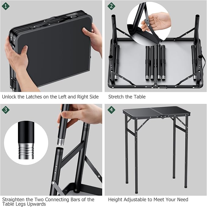 Folding Camping Table Portable Pinic Table 3 Level Height Adjustable Aluminum Alloy Small Foldable Camp Table Light Weight with Carry Handle for Outdoor Indoor Hiking Camp BBQ Beach