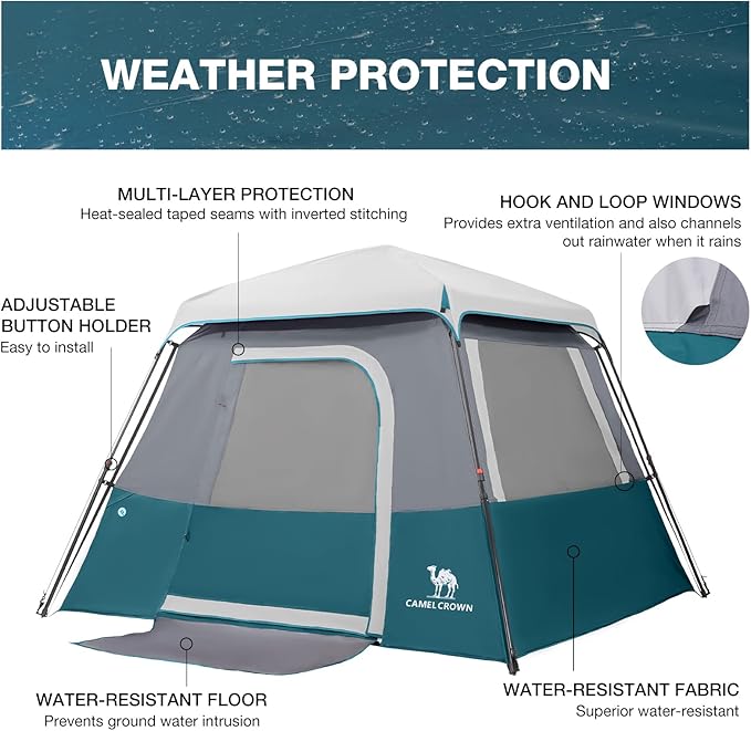 Camping Tents 4/6 Person Pop Up Instant Tent - Setup in 60s for Family Camping, Windproof Design, Family Cabin Tent with Rainfly & Backpack Carry Bag
