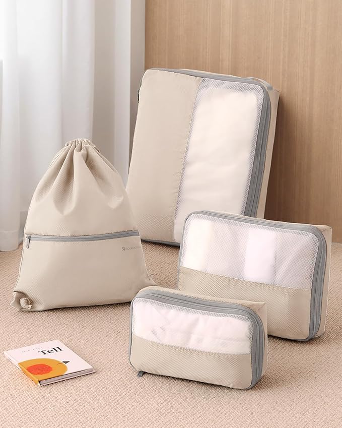 4 Set Compression Packing Cubes for Travel, Bonus Versatile Drawstring Backpack, Lightweight Luggage Organizer Bags, Sturdy Travel Accessories for Suitcase, Beige