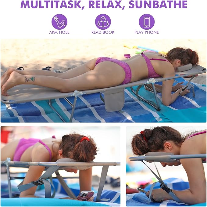 Backpack Beach Tanning Chair with Canopy and Face Hole, 6-Position Folding Lay Out Lounge Chair, UPF 50+ Wind-Resistant Sun Shade, Portable Recliner for Sunbathing, Outside, Poolside, Lawn, 2Pack