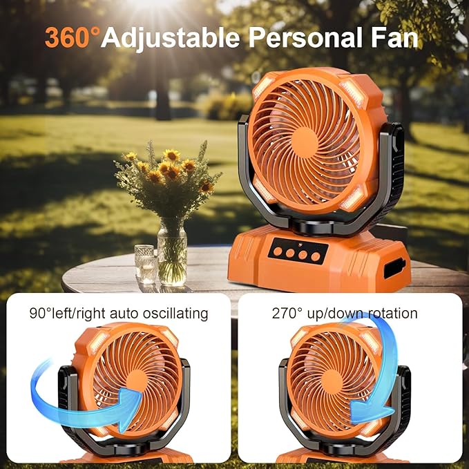 20000mAh Camping Fan with LED Lantern, 360° Oscillation, Remote Control, 4 Speed & Timer, Rechargeable Battery Powered Fan for Tent, Outdoor, Travel, Hurricane, Emergency, Power Outage(Orange)
