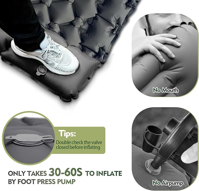 Camping Sleeping Pad, Ultralight Camping Mat with Pillow Built-in Foot Pump Inflatable Sleeping Pads Compact for Camping Backpacking Hiking Traveling Tent (Grey, Single)