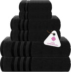 CASA COPENHAGEN Zero Twist 6Pcs 100% Egyptian Cotton Large Designer Towels Gift Set- Dark Black, 600 GSM, 2Bath 2Hand 2Washcloths, Bath Towels for Bathroom Set for Women & Men