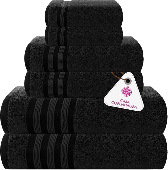 CASA COPENHAGEN Zero Twist 6Pcs 100% Egyptian Cotton Large Designer Towels Gift Set- Jet Black, 600 GSM, 2Bath 2Hand 2Washcloths, Bath Towels for Bathroom Set for Women & Men