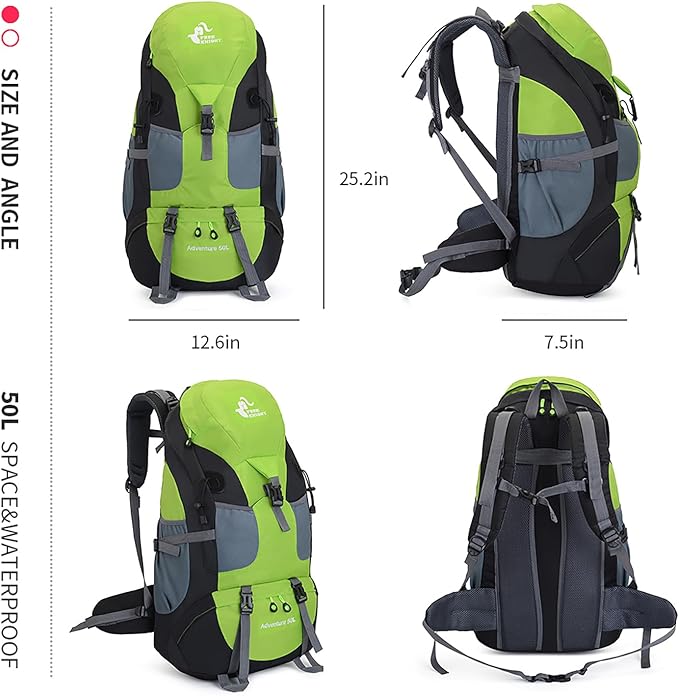 Bseash 50L Hiking Backpack, Water Resistant Lightweight Outdoor Sport Daypack Travel Bag for Camping Climbing Skiing Cycling (Green - No Shoe Compartment)