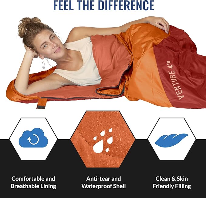 VENTURE 4TH Backpacking Sleeping Bag – XXL, Double and Single Sizes - Lightweight Warm & Cold Weather Sleeping Bags for Adults, Kids & Couples – Ideal for Hiking, Camping & Outdoor Adventures