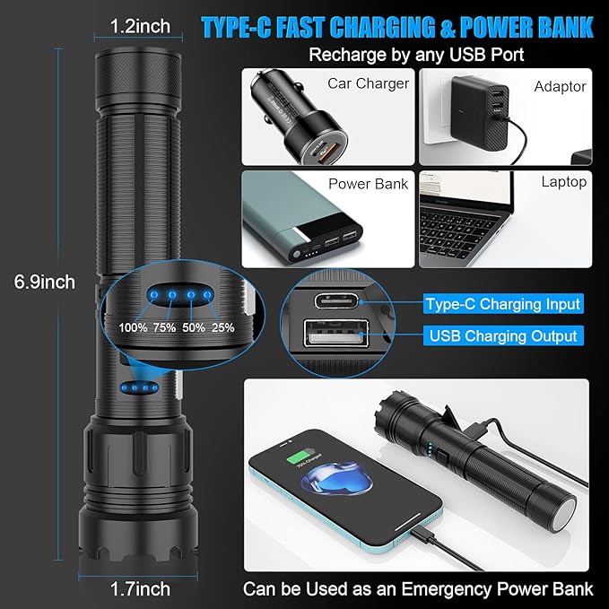 Magnetic Flashlight Rechargeable, High Lumens Super Bright Small LED Pocket Flashlights with COB Side Light, Type C, Zoomable, 7 Modes, IPX7 Waterproof Best Tactical Flash Light for Camping