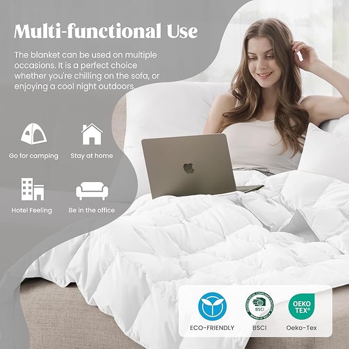 puredown® King Size Blanket for Bed, Ultra Soft Lightweight Down & Feather Fill, All Season Blanket, Machine Washable, 88"X108", Pure White