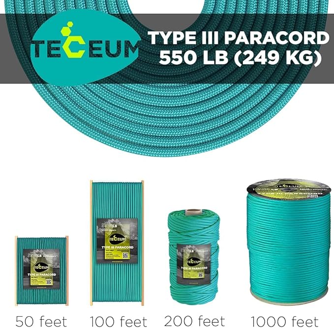 TECEUM 5/32" Paracord Rope 1000 – 1000ft / 200ft / 100ft / 50ft – Tactical Parachute Cord 4mm – 45+ Colors – Nylon String for Survival & Camping Gear – Stripe Cord for Survival – Utility Rope