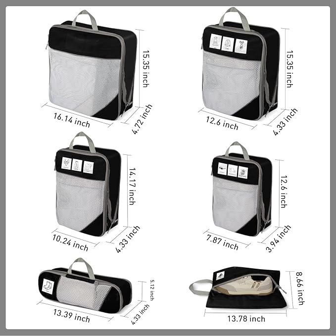 Compression Packing Cubes for Travel 6 Set Expandable Packing Organizers Durable Luggage Bags Organizers for Suitcases Travel Accessories (Black)