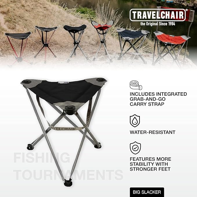 Travel Chair Big Slacker Stool, Portable Tripod Chair for Outdoor Adventures, Quick Folding Fishing Camping Travel Stool, Black & Gray