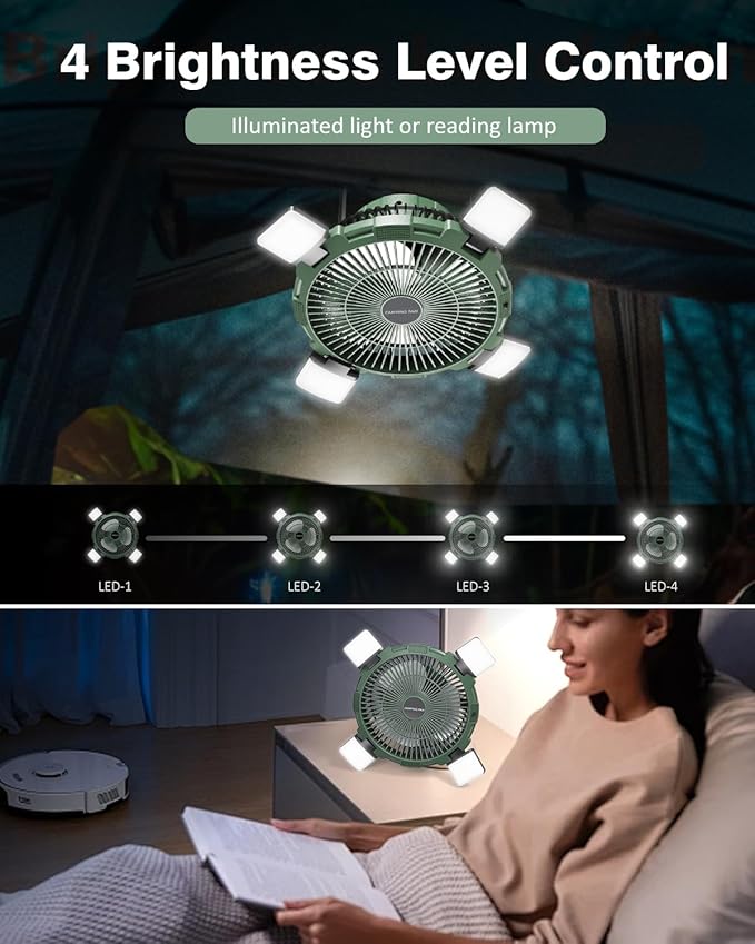 Camping Fan with LED Lantern, 8000mAh Rechargeable Battery Powered Tent Fan for Camping Hanging, Camping Outdoor Fan with Remote, 4 Speed Camping Fan for Tents,Travel,Home,Fishing,Sleep,Emergency