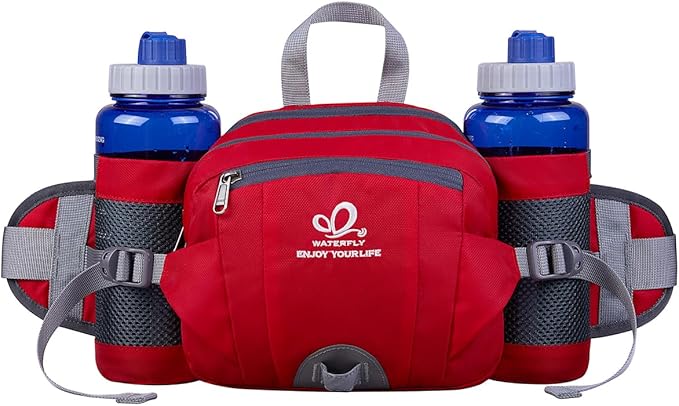 WATERFLY Fanny Pack Waist Bag: Fannie Pack 2 Water Bottle Holders Lumbar Belt Hiking Walking Running Jogging Camping Large Woman Man (Bottle Not Included)