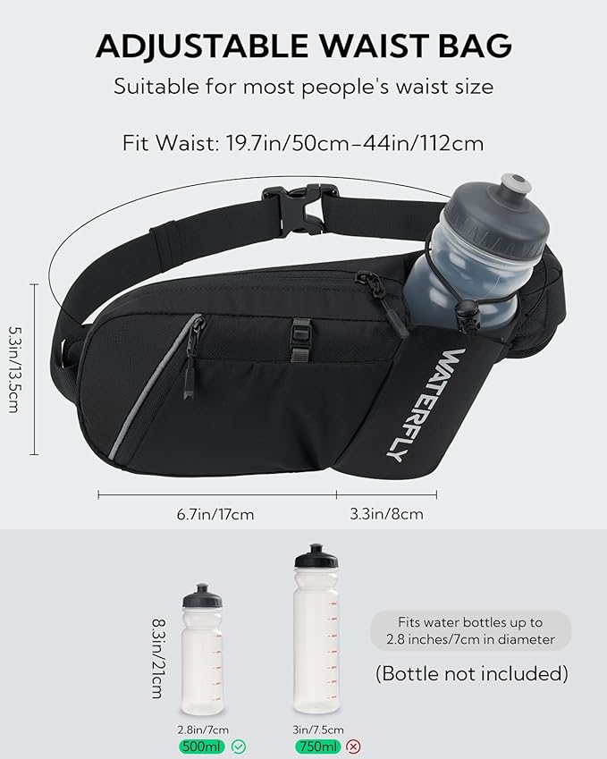 WATERFLY Fanny Pack Waist Bag: Hiking Water Bottle Holder with Strap Waist Pack for Women Men Hydration Hip Packs for Running Walking Traveling-Black