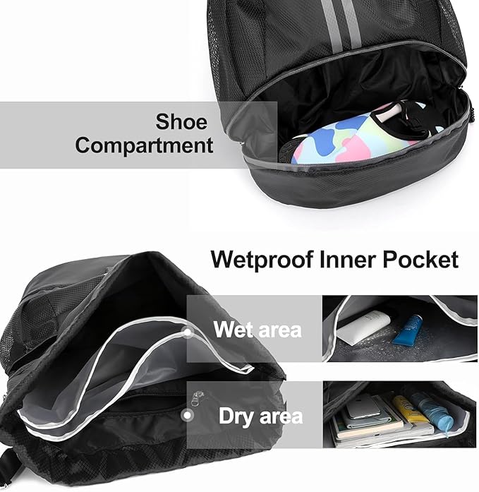 Hoedia Sports Drawstring Backpack - String Swim Gym Bag with Shoes Compartment and Wet Proof Pocket for Women and Men