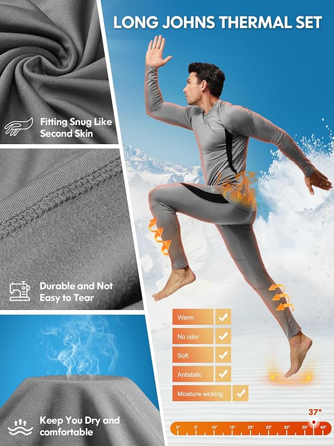 romision Thermal Underwear for Men Long Johns Fleece Lined Hunting Gear Bottom Top Set Base Layer for Cold Weather Gift