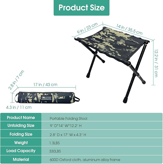 MOON LENCE Collapsible Camp Stool, Compact & Small Storage Size, Folding & Portable Outdoor Stool for Camping, Fishing, Travel, Gardening, Weight 1.3 Lbs with Carry Bag (Camouflage, L 14'')