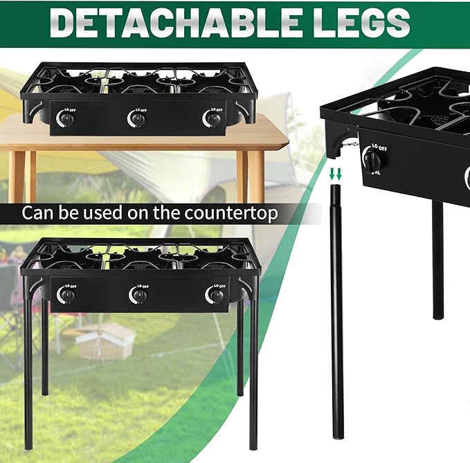 Outdoor Camping Stove, 225000 BTU, Propane Gas Cooker with Detachable Legs, High Pressure 3 Burner, 30 PSI Regulator