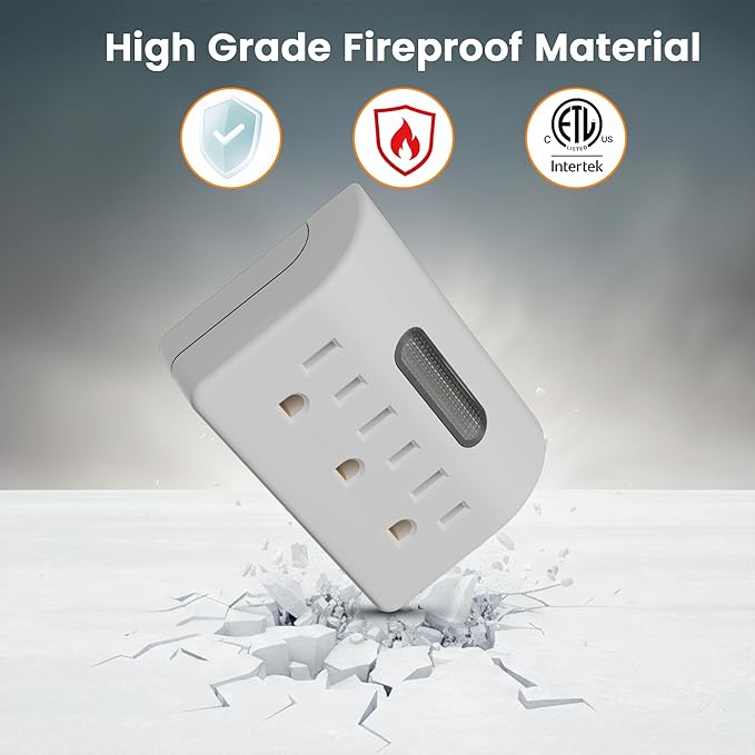 3-Outlet Extender 2PK, 3-Prong Grounded Wall Tap Adapter with LED Guide Light, White 1875W Multiple Plug Electrical Outlets Splitter for Home, Office, Hotel, Travel, ETL Listed, Cruise Essentials