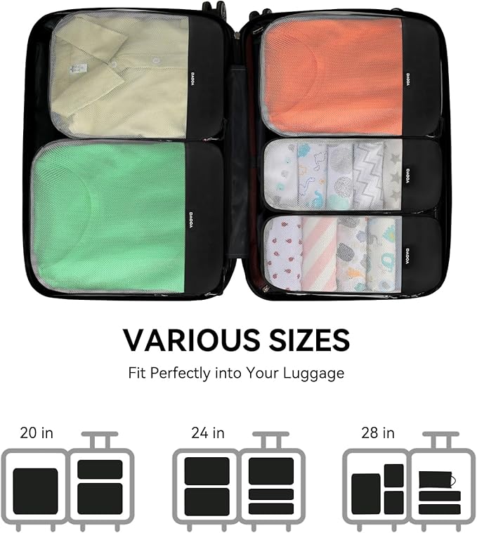 Voova 6 Set Compression Packing Cubes, Travel Accessories Expandable Packing Organizer Bags Set for Carry on Suitcase, Durable Luggage Packing Cubes for Travel Essentials, Black