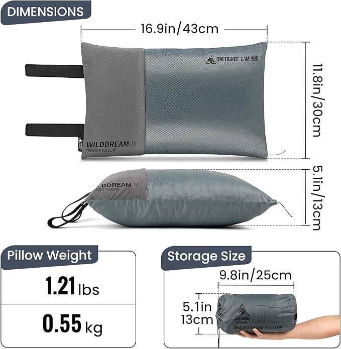 ONETIGRIS Wilddream Camping Pillow, Shredded Small Memory Foam Pillow, Compact, Easy Clean, Comfortable for Backpacking, Travel, and Car Trips, 4 Season Use