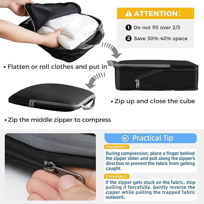 BAGAIL 4 Set/6 Set/8 Set Compression Packing Cubes Travel Accessories Expandable Packing Organizers (Cloth Pattern, 4-Black)