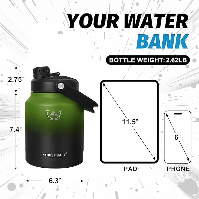 NATURE PIONEOR Insulated Water Bottles with Strap Pouch - 84 oz Stainless Steel Vacuum Bottle with Holder/Carrier/Sleeve - 18/8 Food Grade 84oz Water Jug