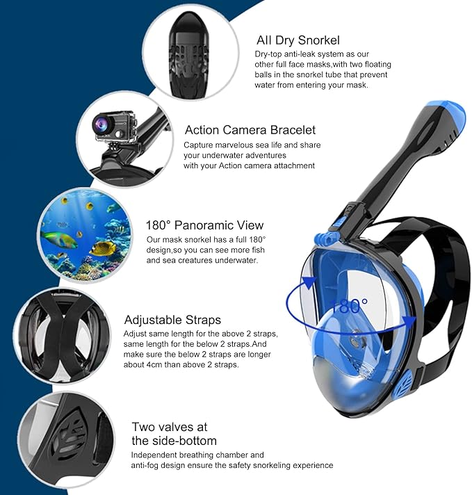 Full Face Snorkel Mask, Diving Mask for Kids and Adults,180° Panoramic View Snorkel Mask with Camera Mount, Safe Breathing, Anti-Leak&Anti-Fog