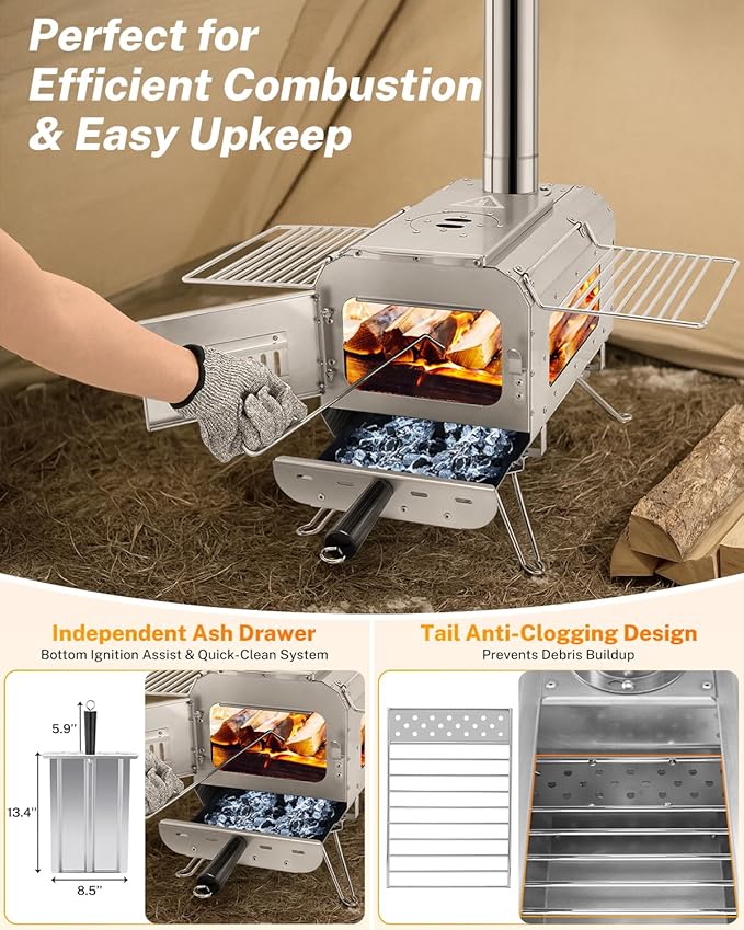 Gonex Hot Tent Stove, Portable Wood Burning Camping Stove with Ash Drawer & Large Firebox for Tent, Outdoor, Heating, Cooking, Ice Fishing