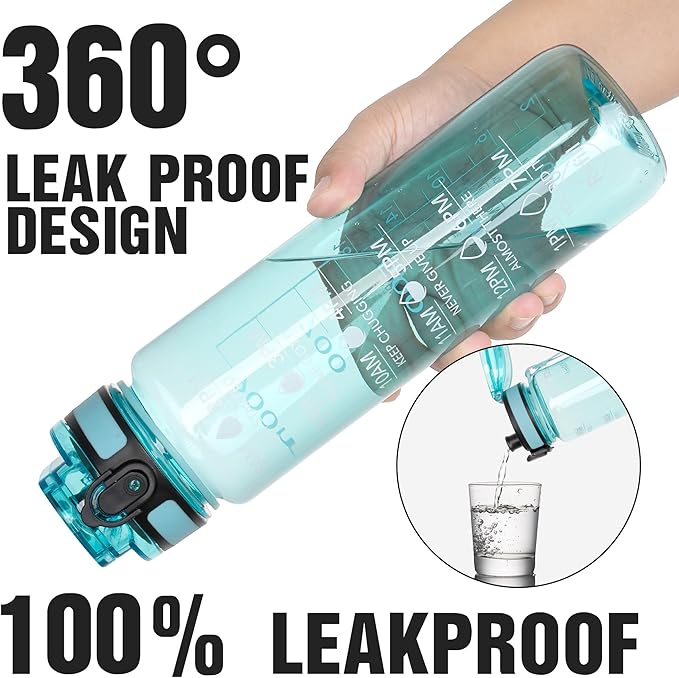 OLDLEY Water Bottle, 32oz Motivational Sports Water Bottle with Time Marker - Times to Drink - Tritan, BPA Free, Wide Mouth Leakproof,Surfer (1 Bottle)
