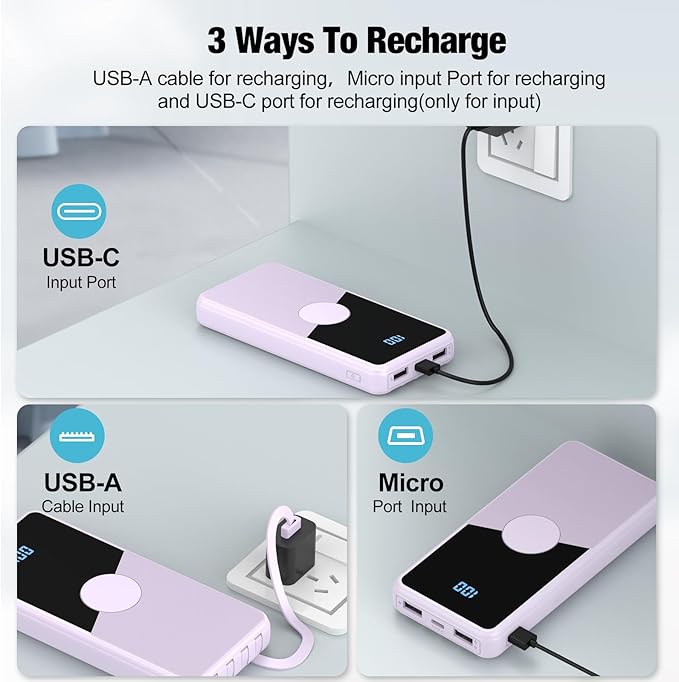 Portable Charger with Built in Cables,High Speed Power Bank 10000mAh Travel Battery Pack 5 Outputs 3 Inputs Portable Phone Charger Backup Battery for iPhone, Samsung, iPad,Tablets (Purple)