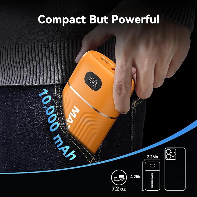 MARBERO Portable Power Bank 10000mAh Dual Input USB C Phone Charger Battery Pack Portable PD3.0 QC3.0 with LED Display Compatible with iPhone 16 15 14 13 Samsung Google iPad etc (Orange)
