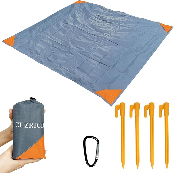 Small Picnic Mat 4FT Foldable Tent Rug Tents Blankets Pocket Beach Blanket Lightweight Camping Tarp Washable Rug Quick Dry Beach Mats Hiking Outdoor Essentials(Gray/Orange 55"*59" /4.59ft×4.92ft)