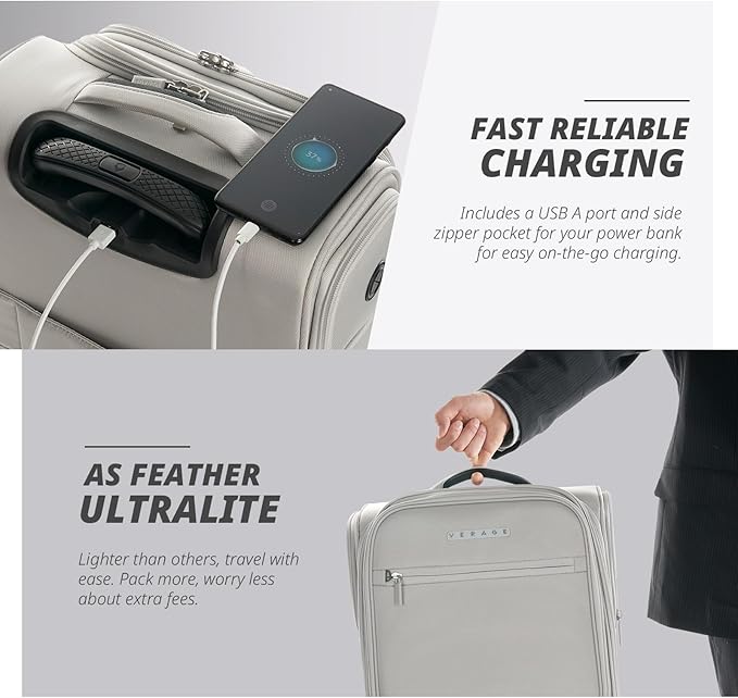 Verage Carry On Underseat Luggage with 2 Wheels & USB Port, 16 Inch Cloud Gray Wheeled Spinner Bag Carry-on Luggages for Airlines, Lightweight Suitcase Men Women, Pilots and Crew