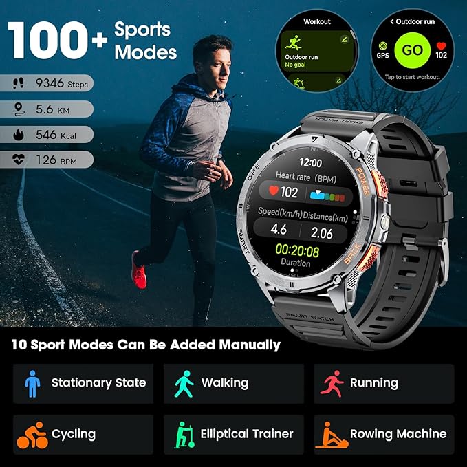 Military Smart Watch for Men with GPS, 1.43" AMOLED Bluetooth Call Smartwatch with LED Flashlight, Rugged Smart Watches for Android iOS, IP68 Waterproof Fitness Tracker with Heart Rate (Black)