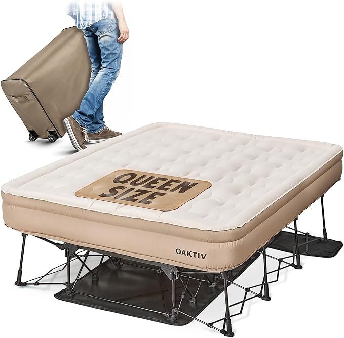 Queen Air Mattress with Frame, Self Inflating/Deflating Blow Up Bed for Adults - PeakRest Camping Cot with Mattress - Portable Queen Size with Travel Rolling Case on Wheels