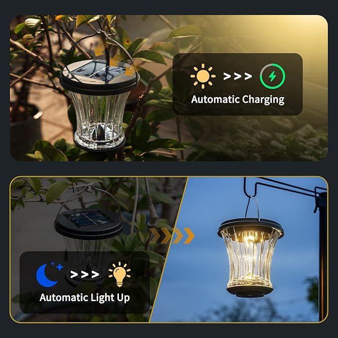 Glass Solar Lantern Outdoor, Waterproof Hanging Solar Lights for Outside with Modular Design, 3000K LED, Auto On/Off Table Lamp for Garden Patio Yard Fence Wall Decorative, Warm White(2 Pack)